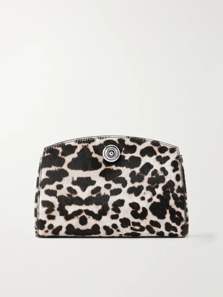 Pushlock leopard-printed calf-hair clutch