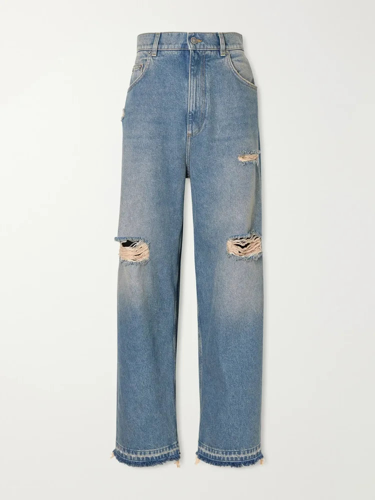 Distressed high-rise wide-leg jeans
