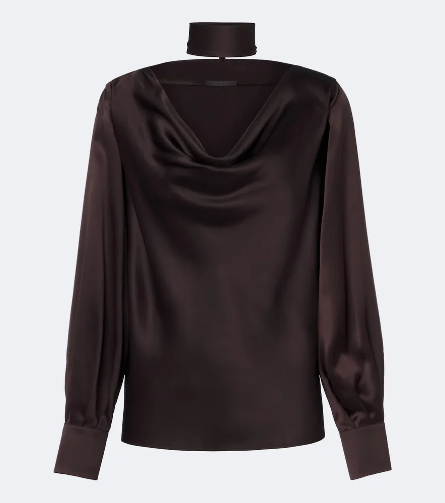Elegante scarf-detail silk satin blouse