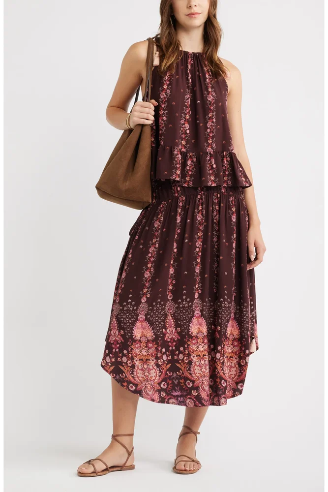 Scarf Print Drop Waist Midi Skirt