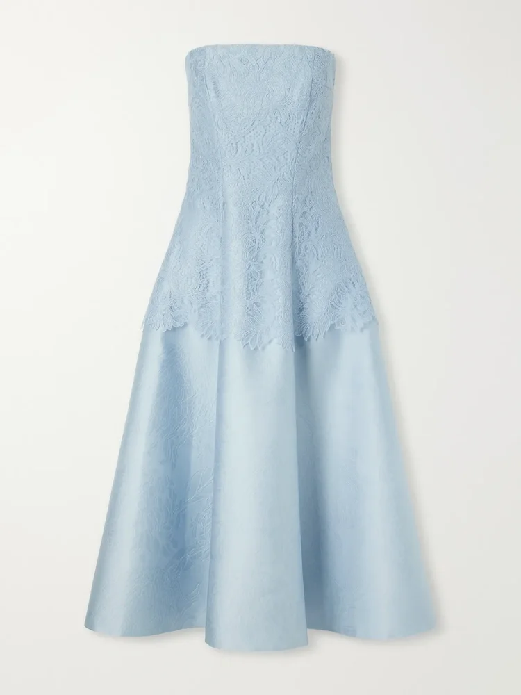 Meja embossed cloque lace trimmed midi dress