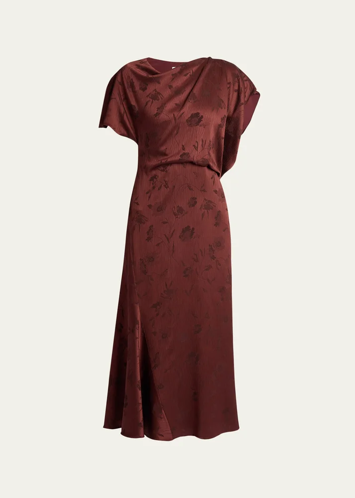 Floral Creponne Jacquard Short-Sleeve Midi Dress