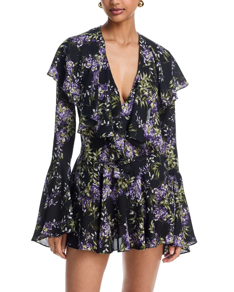 Long Sleeve Deep V Neck Ruffle Mini Dress