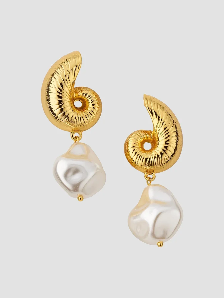 Seashell Pearly Goldtone & Imitation Pearl Drop Earrings