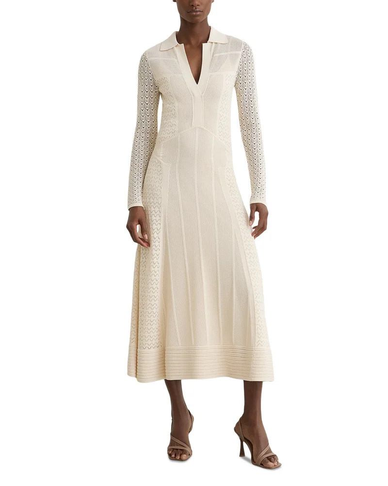Pointelle Knit Panelled Midi Dress