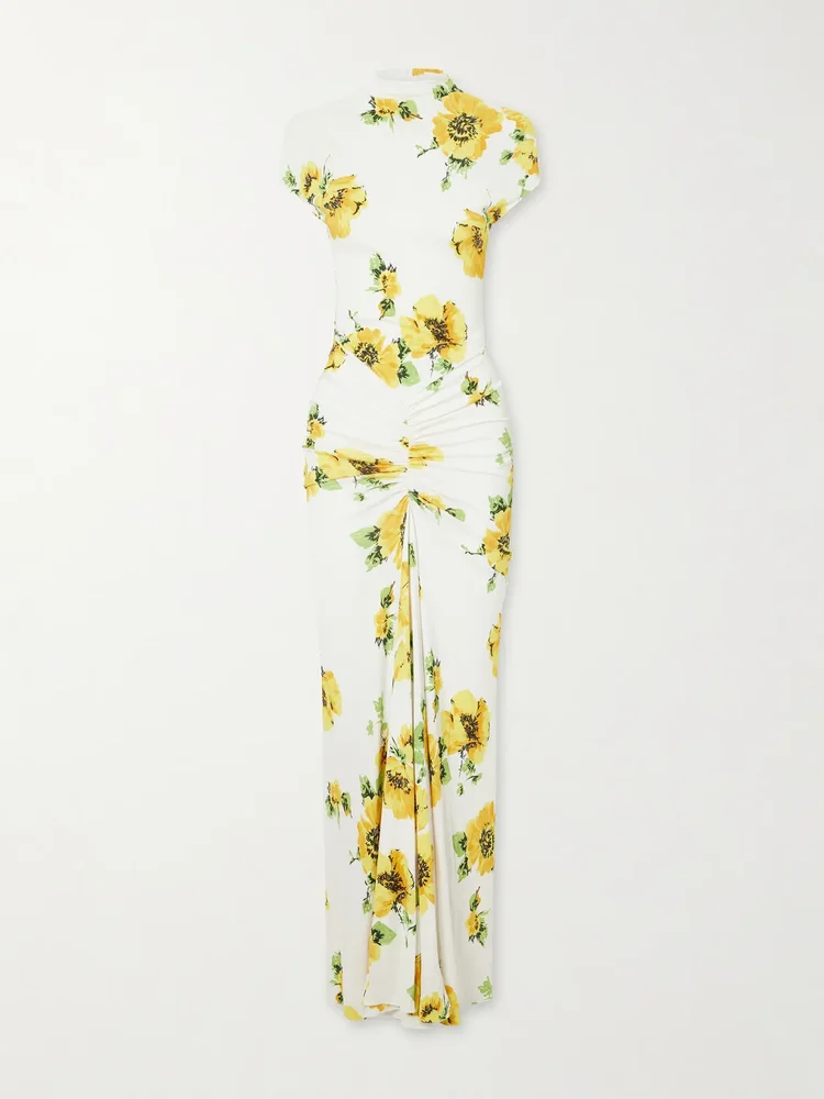 floral print jersey draped maxi dress