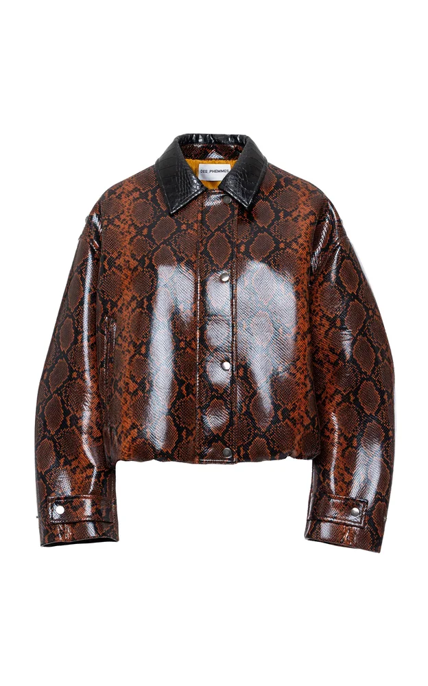 Snake-Embossed Faux Leather Bomber Jacket