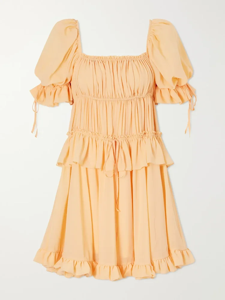 shirred tiered silk georgette mini dress
