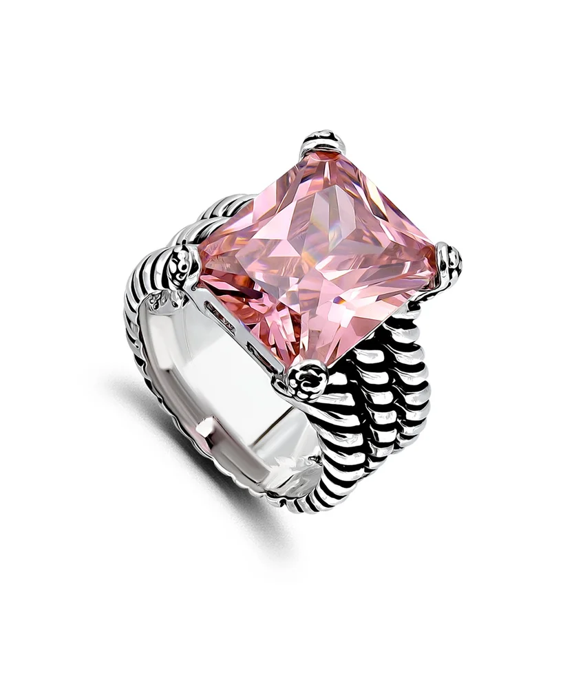 Emerald Cut Cubic Zirconia Center Stone Oxidized Twist Rope Band Statement Ring