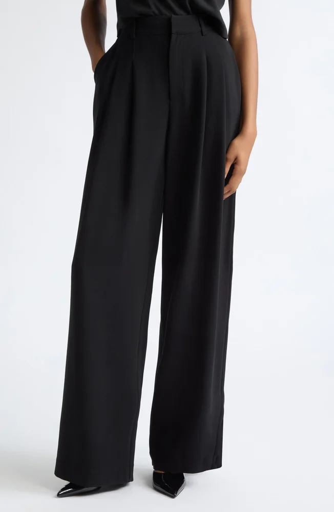 Marne Pleated Wide Leg Crepe Pants, Black