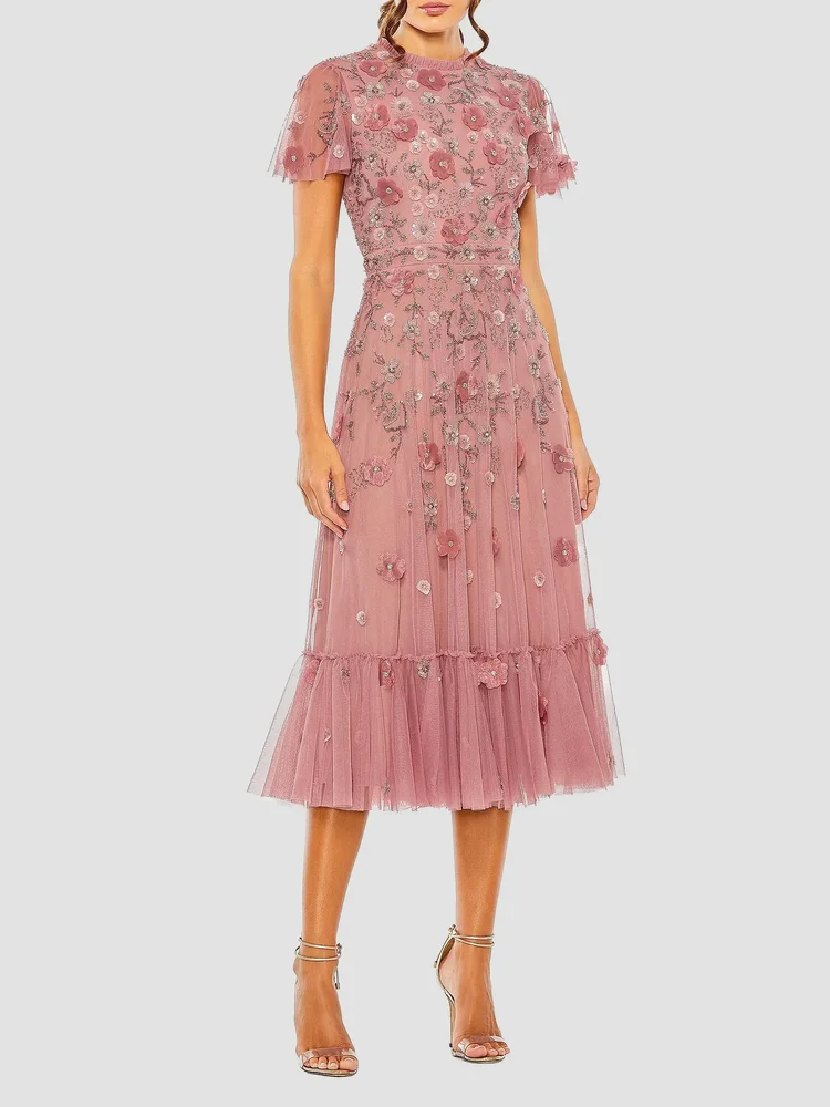 Sequined Floral Tulle Midi-Dress