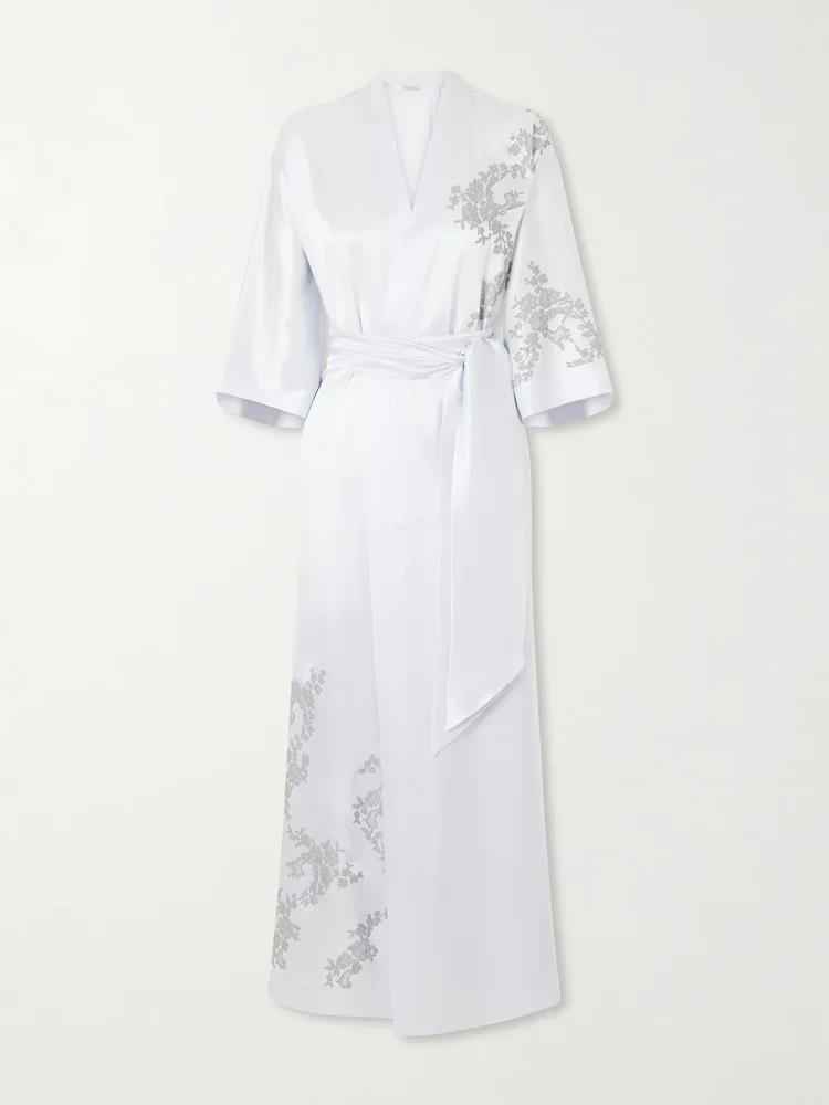 Lace-appliqué silk-satin robe