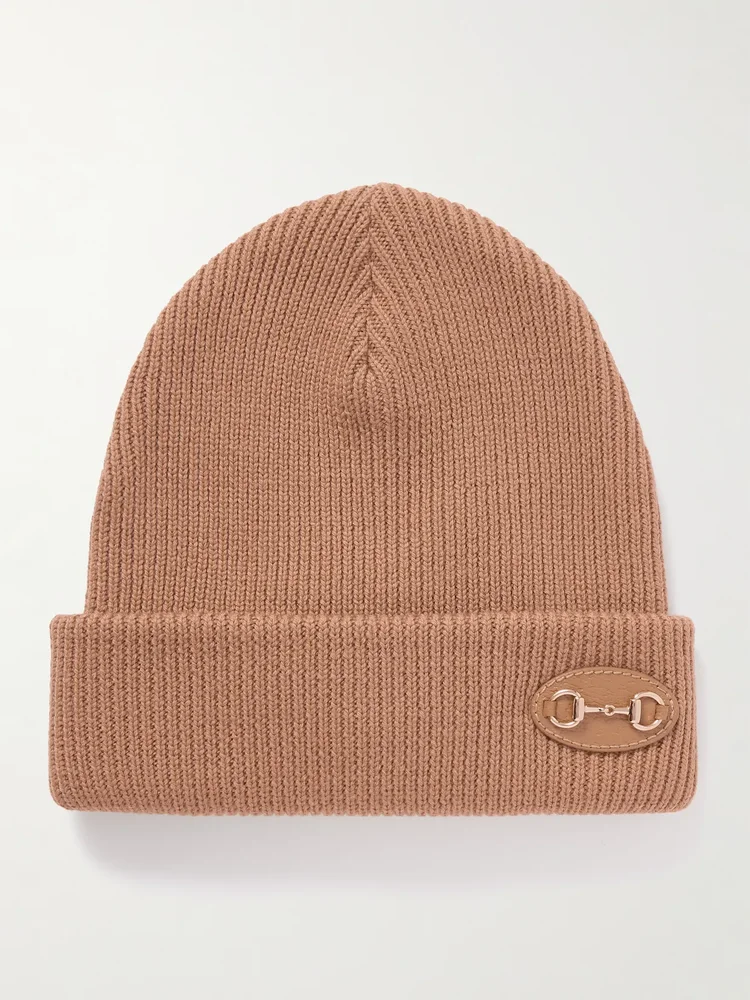 Horsebit-detailed appliquéd ribbed wool beanie