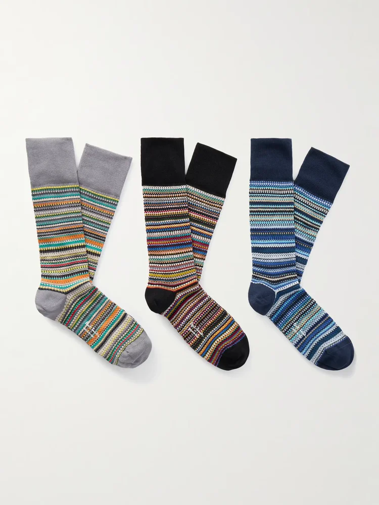 Three-Pack Striped Cotton-Blend Socks
