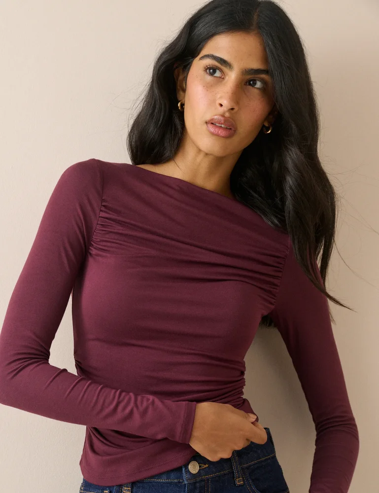 Burgundy Ruched Long Sleeve Top
