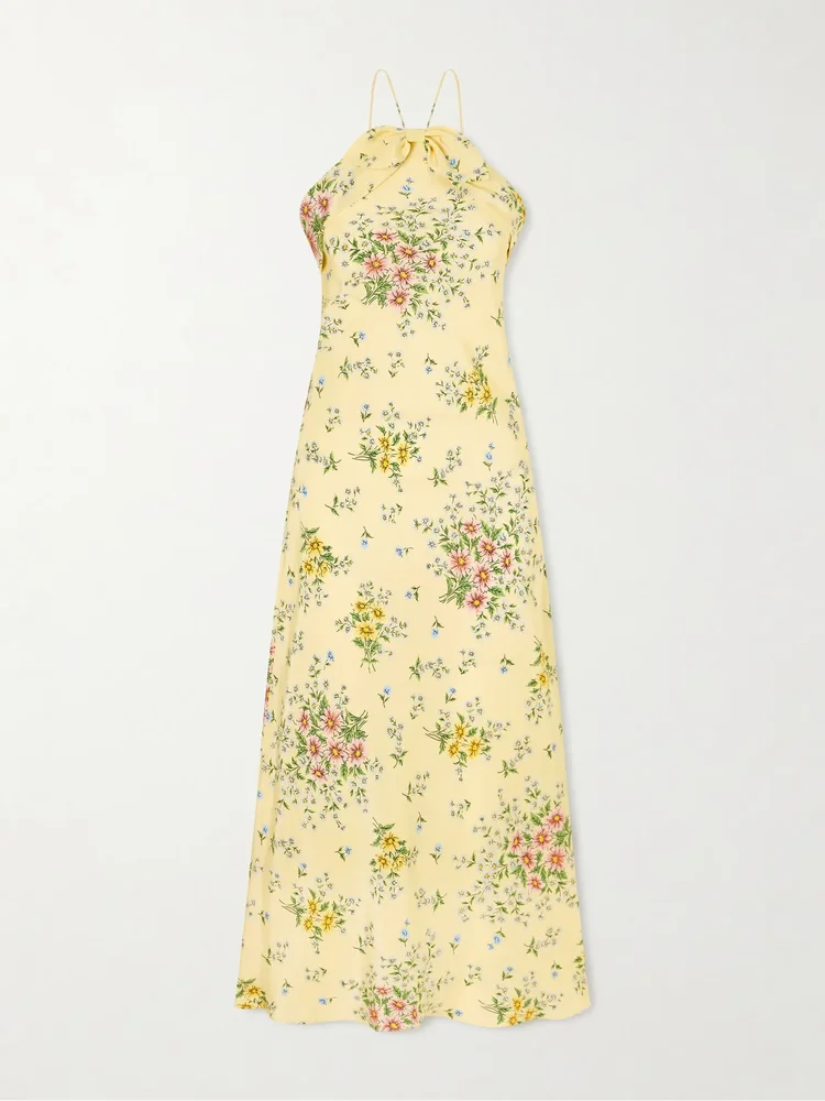 Floral-print bow-detailed halterneck silk-crepe midi dress
