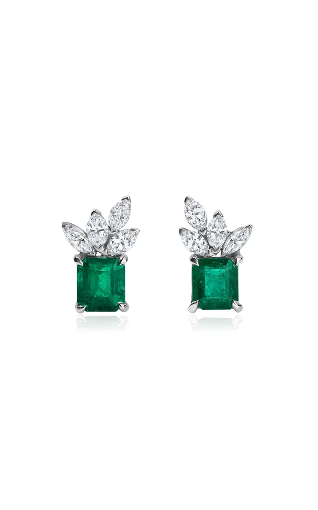 18k White Gold Emerald Cluster Marquis Stud Earrings