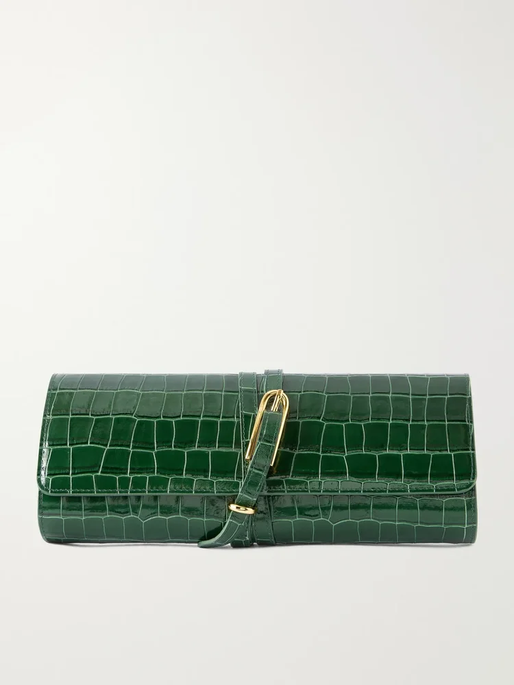 Belted croc-effect leather clutch