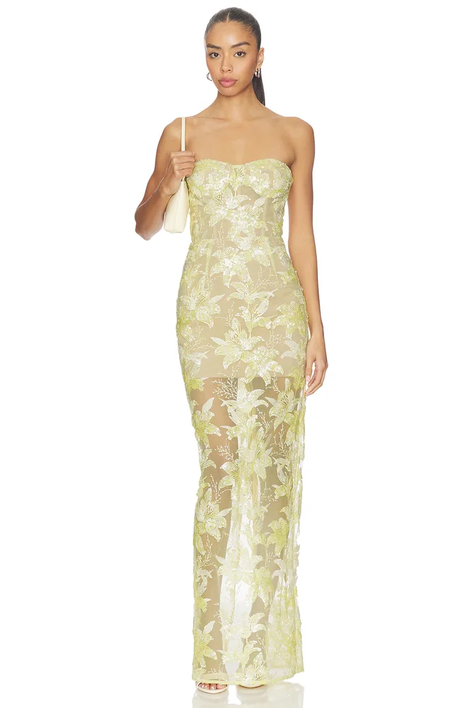 Daffodil Sequin Dahlia Strapless Maxi Dress