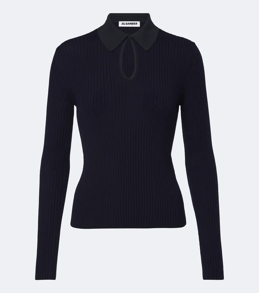 Cutout ribbed-knit wool polo sweater