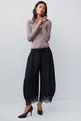 By Anthropologie Cropped Lace-Hem Pants