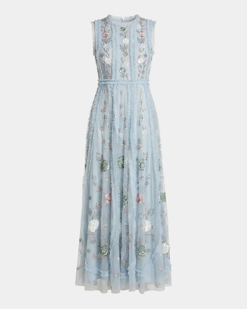 Ruffle-Trim Floral Beaded Mesh Gown