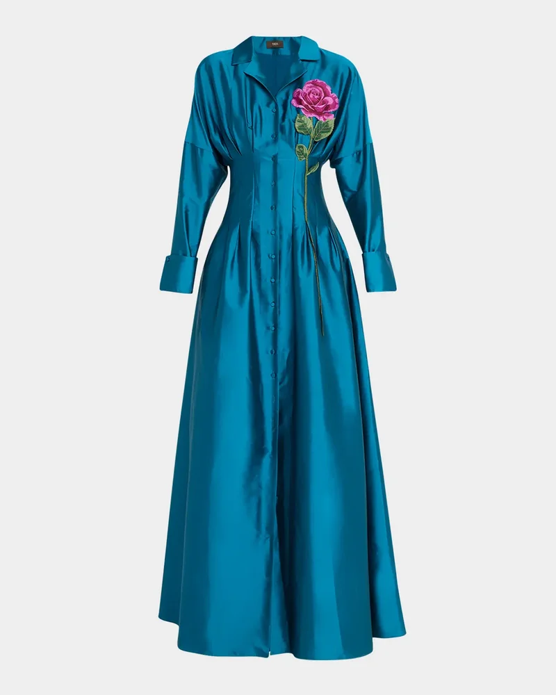 Marlena Pleated Floral-Embroidered Taffeta Gown