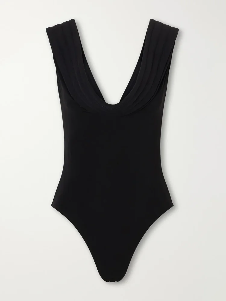 Wool-trimmed stretch-crepe jersey bodysuit
