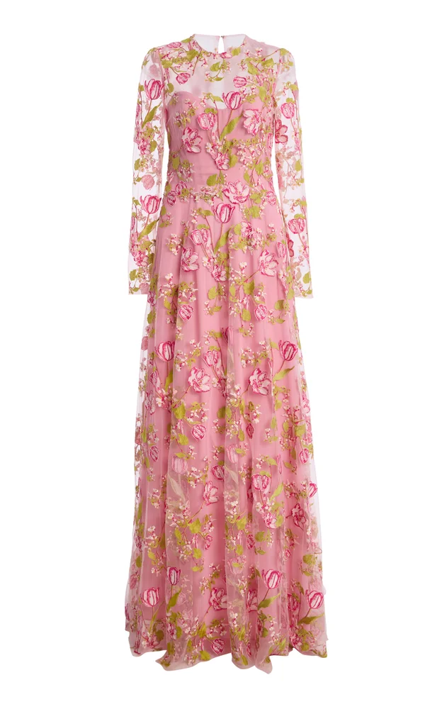 Embroidered Illusion Bodice Long-Sleeve Dress