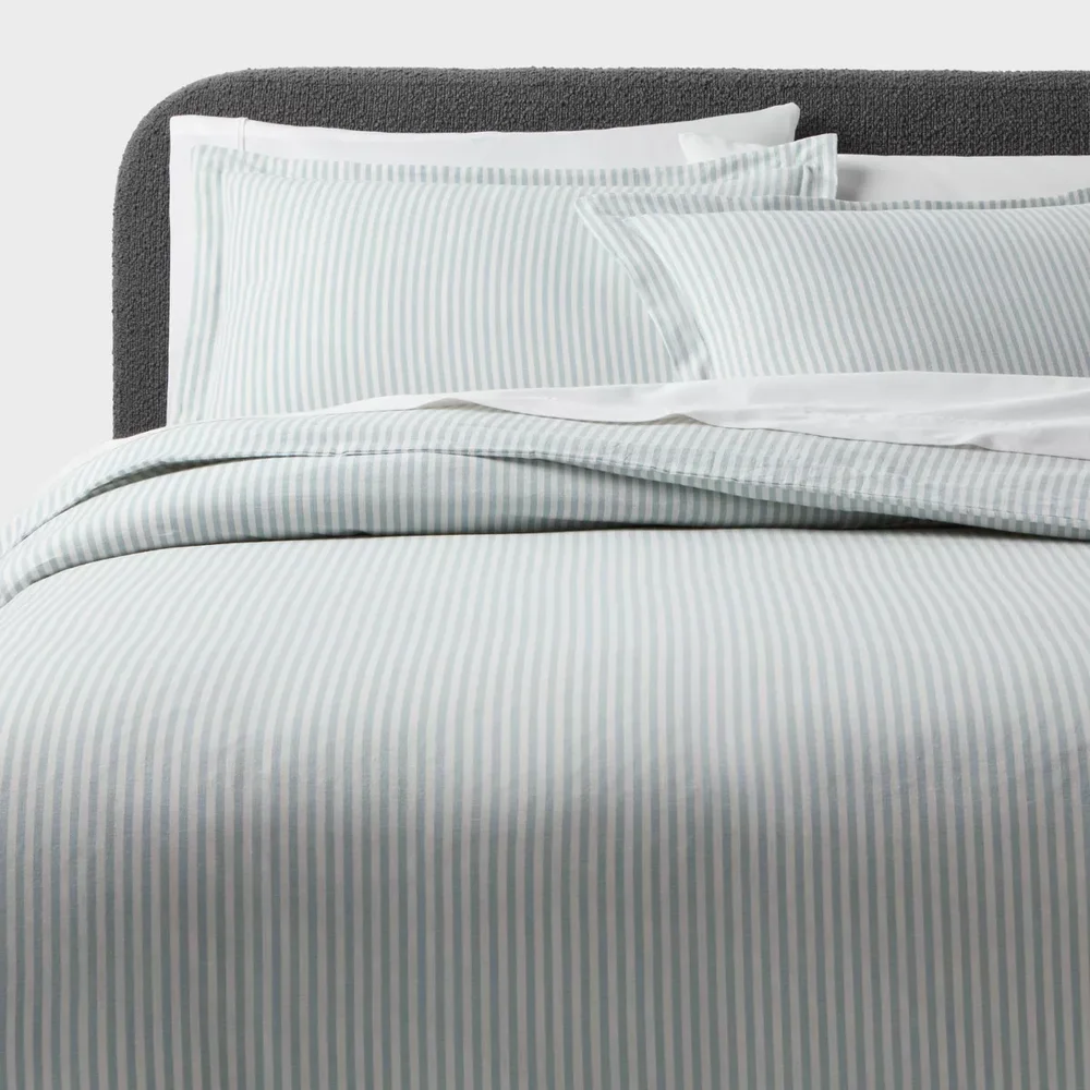 Full/Queen Casual Textured Cotton Striped Duvet Set, Blue