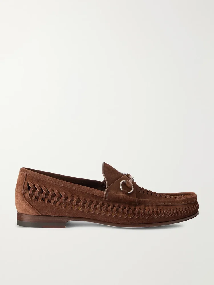 Horsebit-Embellished Woven Suede Loafers