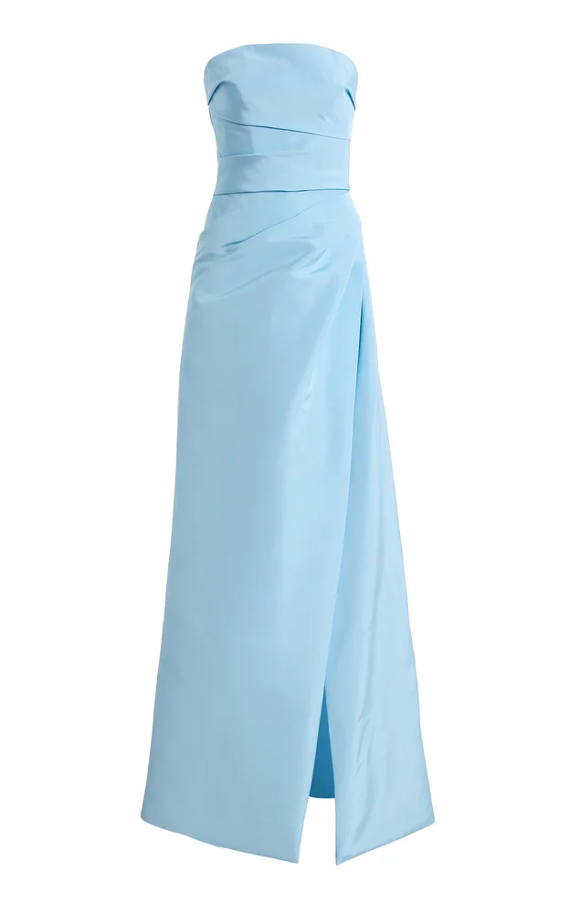 Silk Draped Strapless Midi Dress
