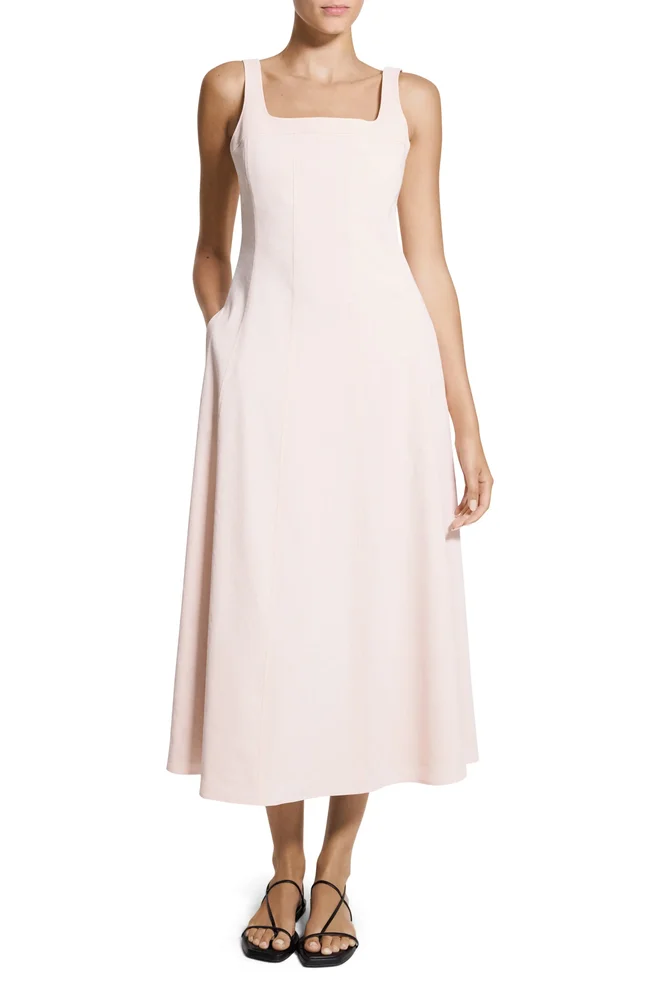 Square Neck Stretch Linen Blend Midi Dress