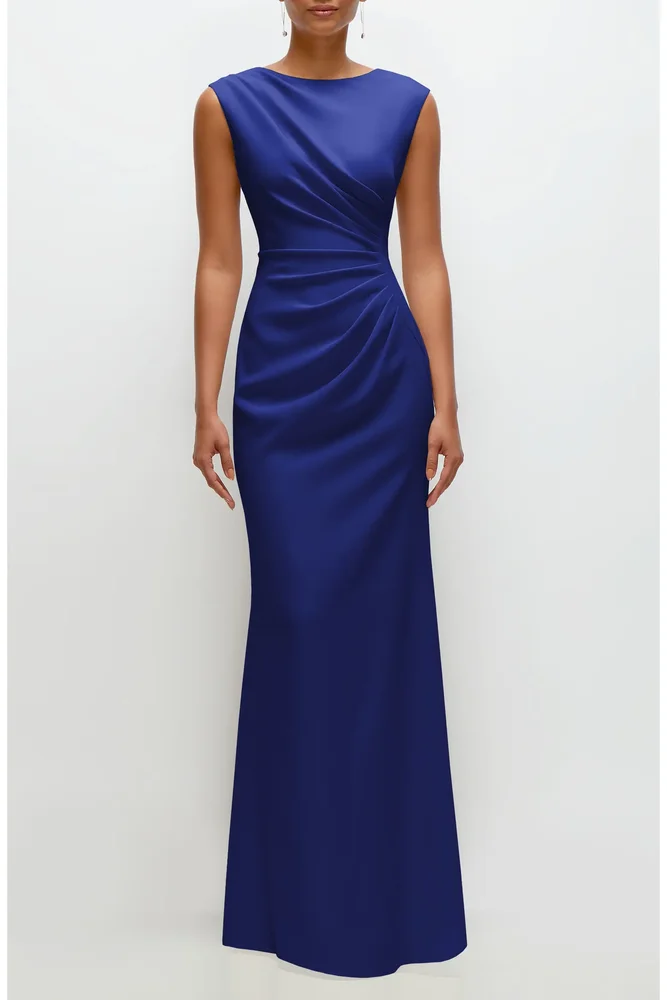 Ruched Cap Sleeve Crepe Trumpet Gown