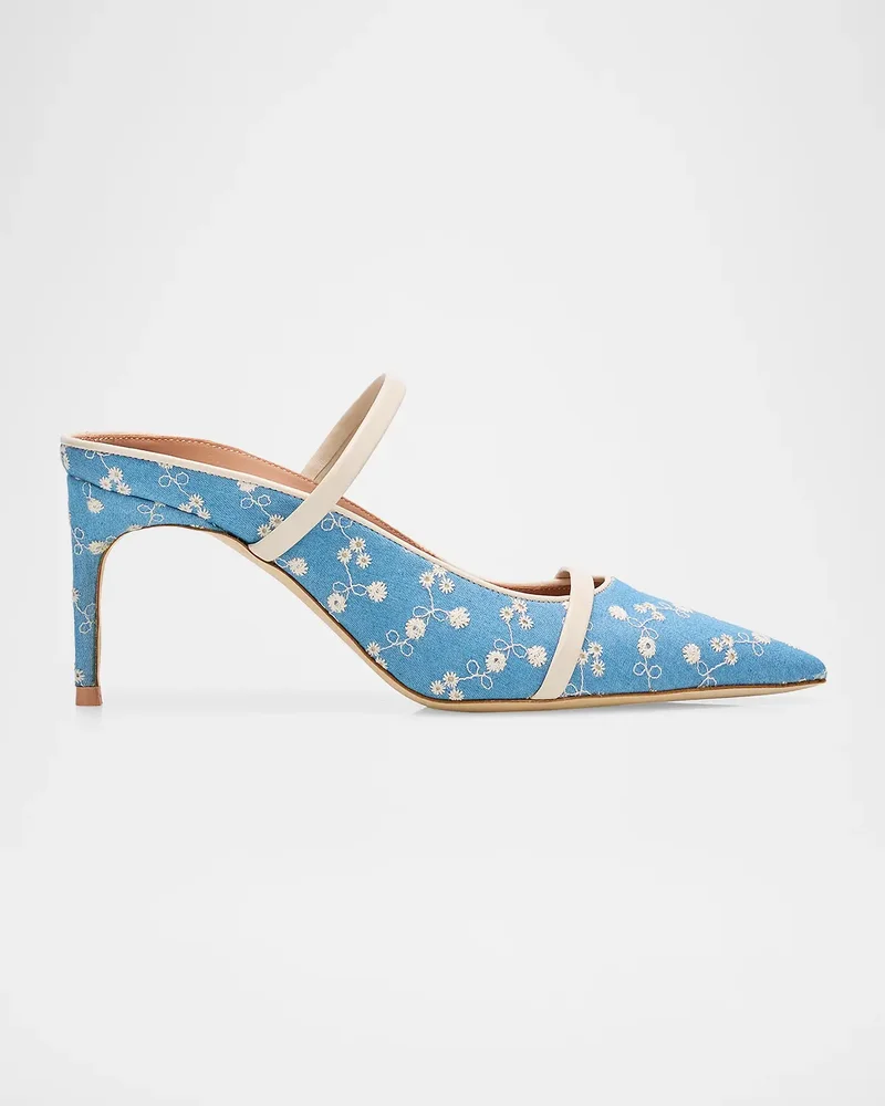 70mm Aurora Embroidered Denim Mule Pumps