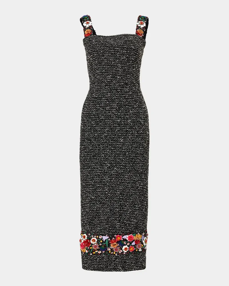 Embroidered Tweed Sleeveless Sheath Midi Dress