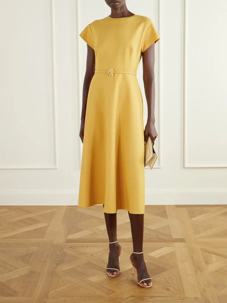 Belted wool-blend cady midi dress