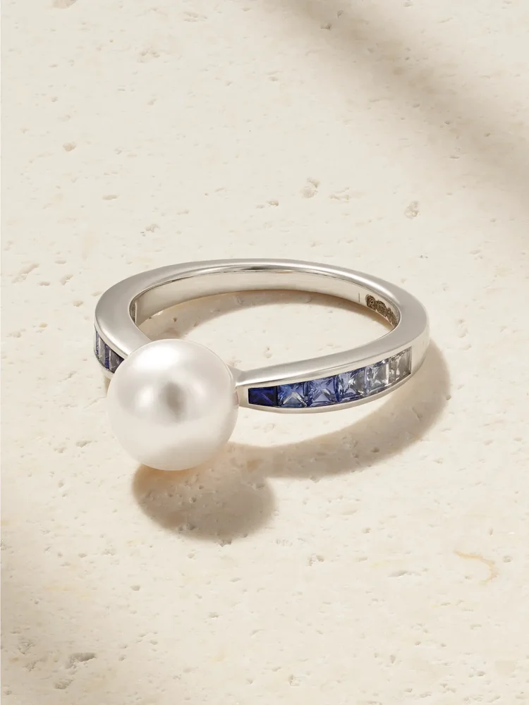 18-karat white gold, sapphire and pearl ring