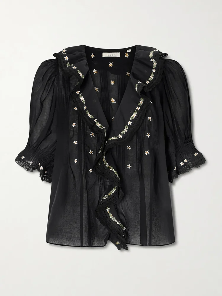 hettie lace trimmed embroidered organic cotton voile blouse