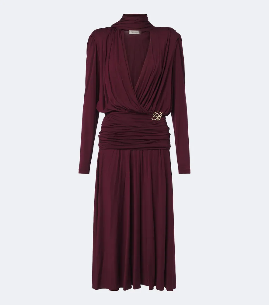 Draped tie-neck jersey midi dress
