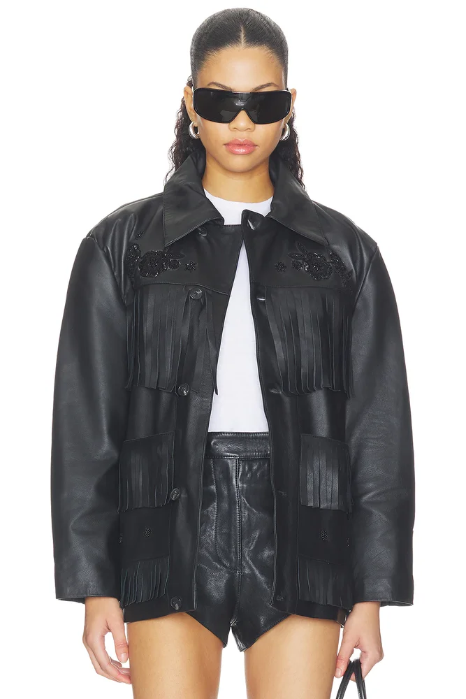 Hand Embroidered Leather Fringe Jacket