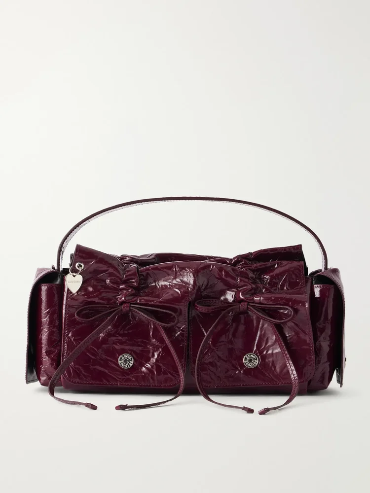 Multipocket bow-detail crinkled patent-leather shoulder bag