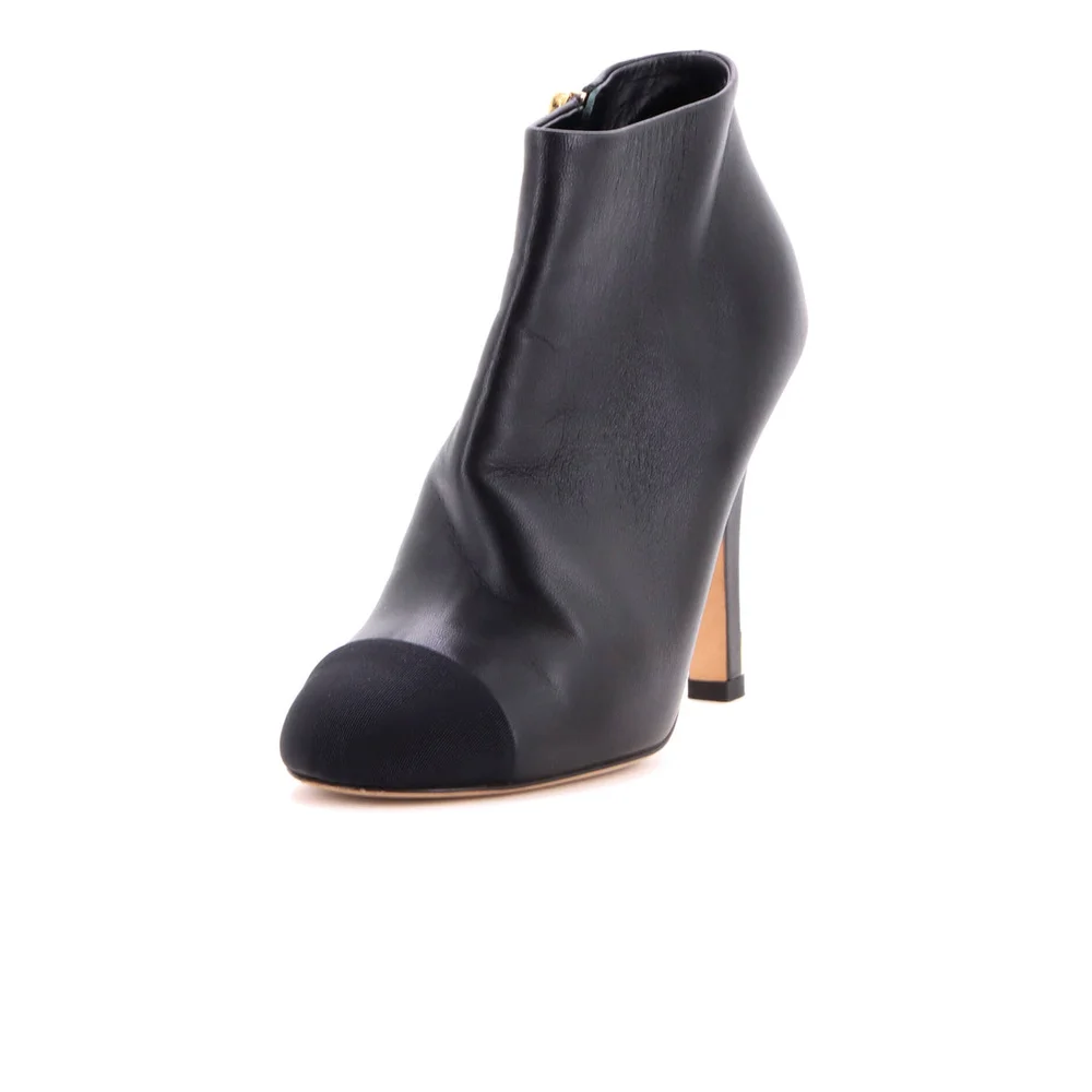 Chanel Cap Toe Pearl Embellished Heeled Ankle Boots Leather with Grosgrain