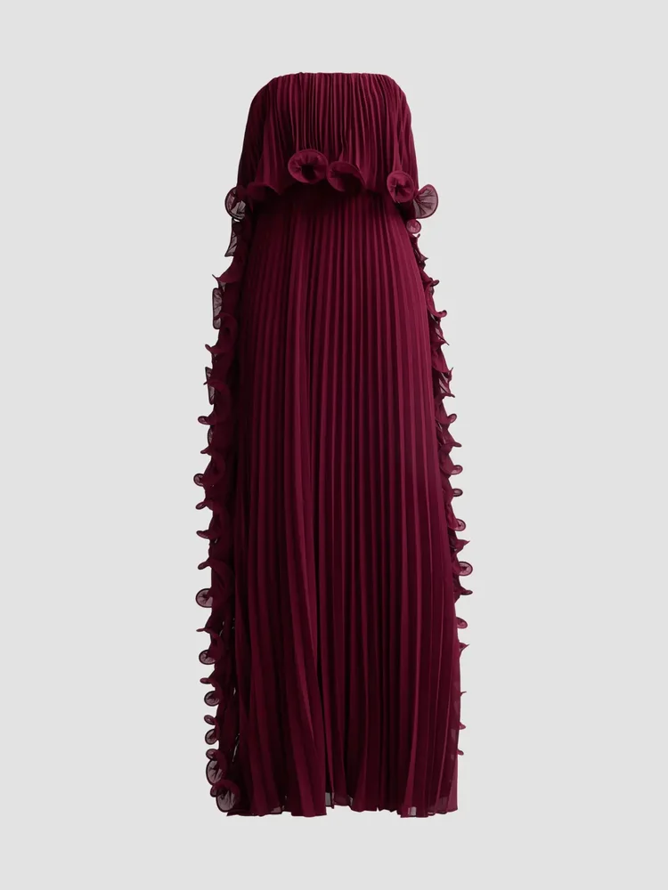 Ruffle Pleated Chiffon Strapless Gown