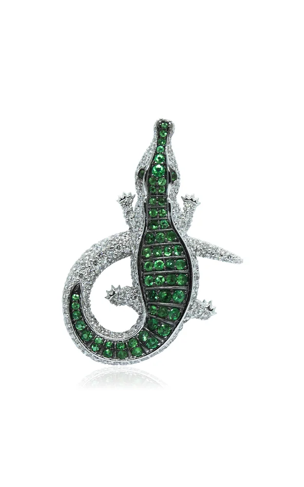 Crocodile 18K White Gold Diamond And Emerald Bag Charm