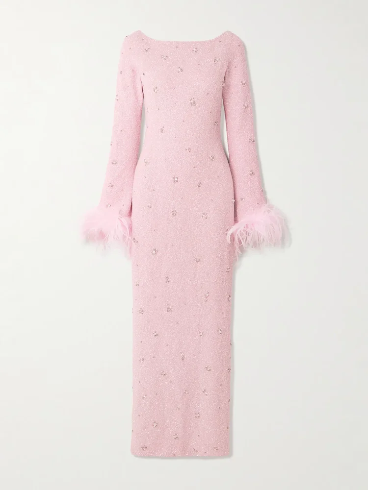Mae feather-trimmed embellished stretch-mesh gown