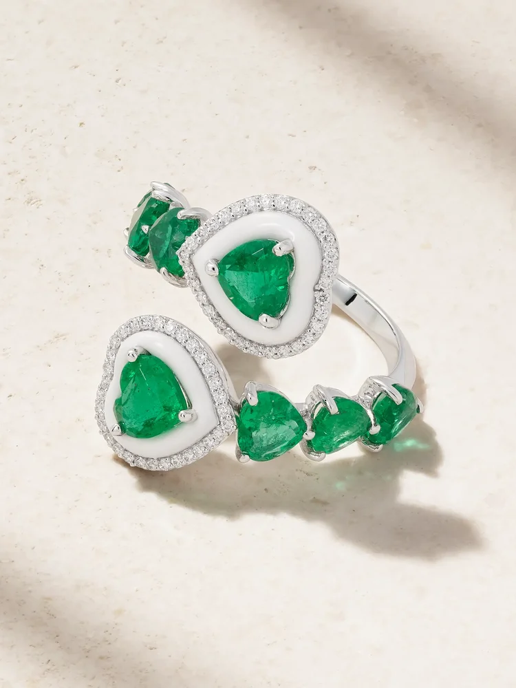 Sea 18-karat white gold, emerald, diamond and enamel ring