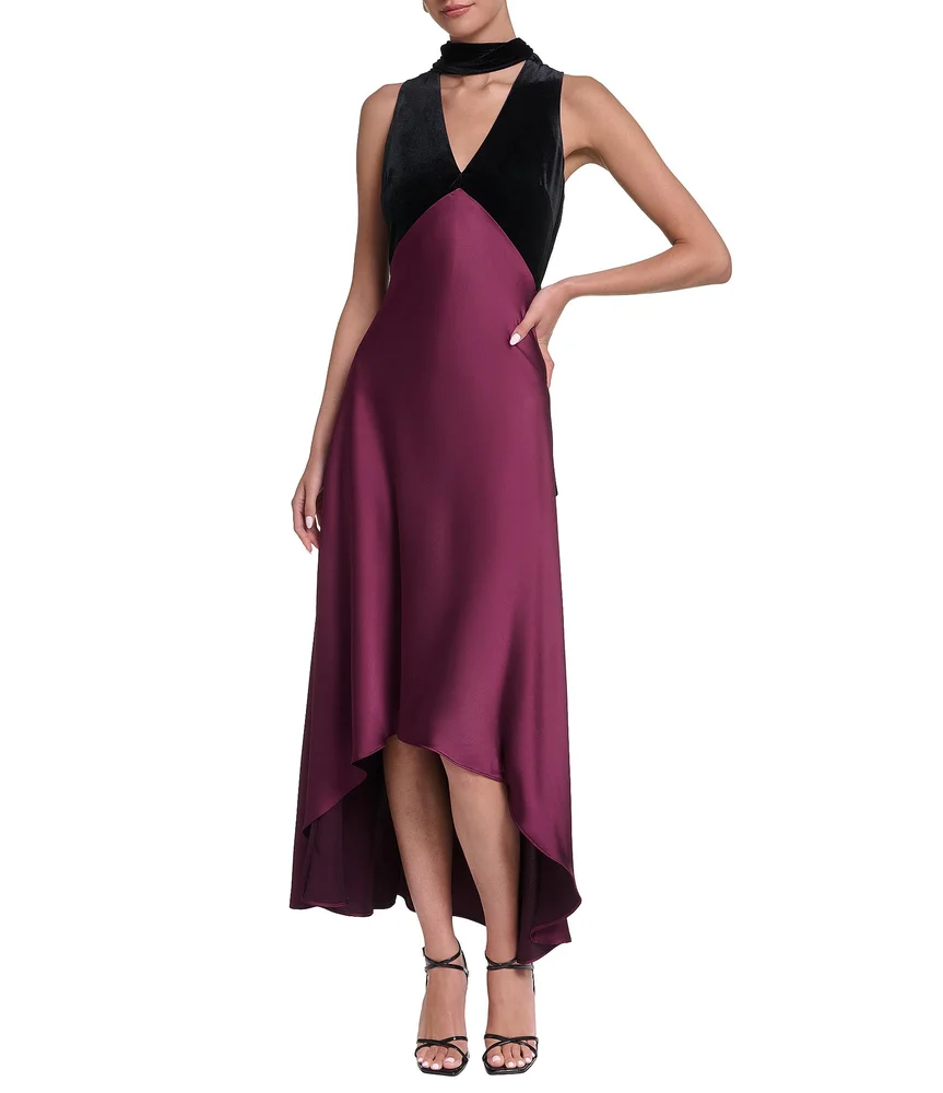 Velvet Satin Mixed Media Halter Neck Sleeveless High-Low Midi Dress