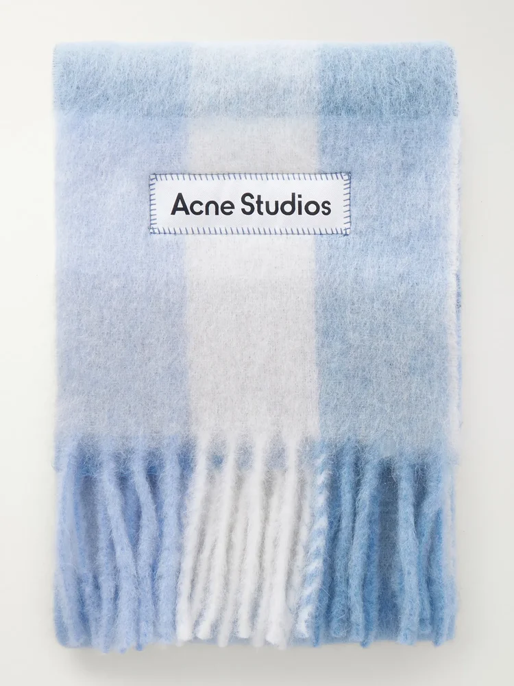 Fringed checked brushed-knit scarf