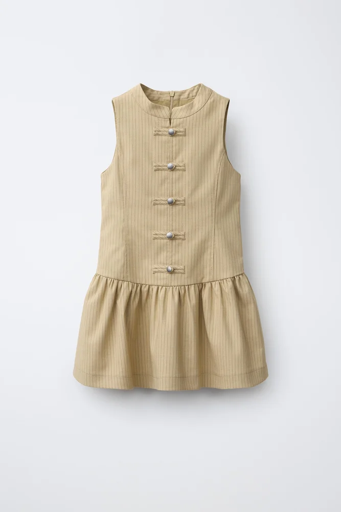Striped Dress with Frog Fastenings (Sand)